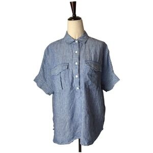 J Crew Shirt Women 6 Blue Striped Baird‎ McNutt Irish Linen Striped Popover